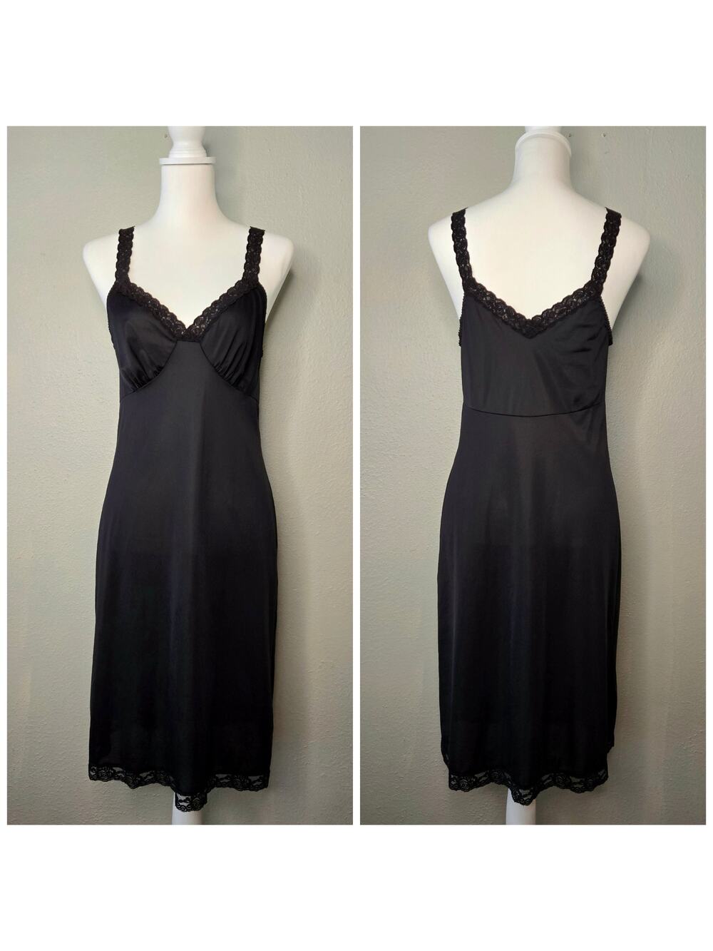 Romantic Delicate Vintage Black Nylon Lace Trim Slip Dress 34 Feminine Lingerie